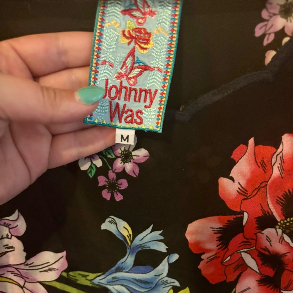Johnny Was Flower Garden Georgette Dress Black Floral Shift Size M - Picture 6 of 9